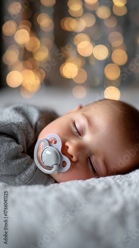 Sleepy Baby With Pacifier Resting Peacefully in Soft Surroundings