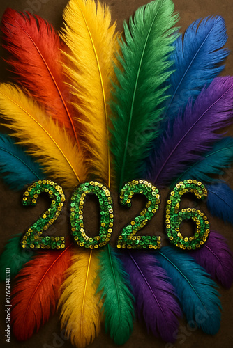 9:16, Vibrant studio still life for Rio Carnival 2026: sparkling sequined “2026” numbers framed by colorful feathers on a warm backdrop with scattered confetti. Perfect for party banners, posters