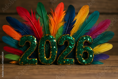 Vibrant studio still life for Rio Carnival 2026: sparkling sequined “2026” numbers framed by colorful feathers on a warm backdrop with scattered confetti. Perfect for party banners, posters