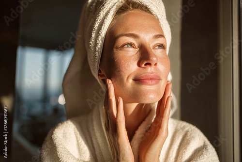 Morning Skincare Routine With Sunlight Illuminating the Face of a Woman in a ...
