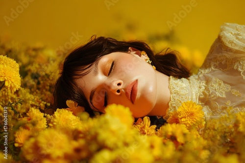 Woman Resting Among Bright Yellow Flowers in a Vibrant Field During Warm Dayl...