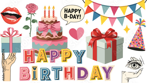 Vector art of vibrant and playful happy birthday elements, perfect for creating festive designs