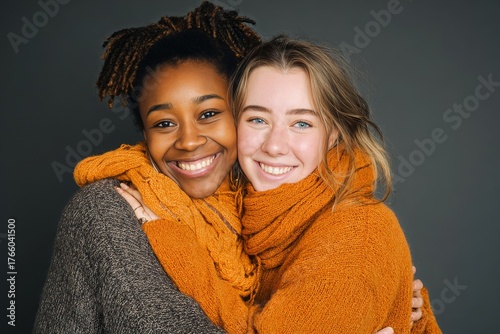 Friends Sharing a Warm Hug and Smiles in Cozy Sweaters Against a Neutral Back...