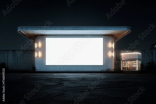 Old Cinema Building With a Large Blank Screen at Night Ready for New Films to...