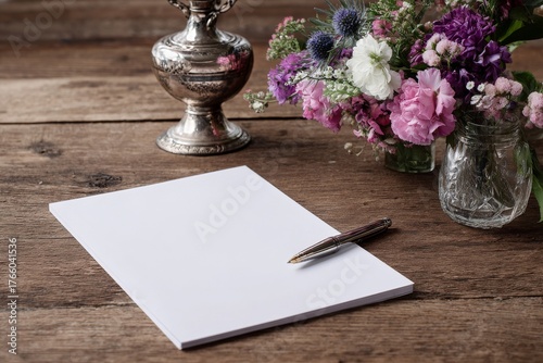 White Paper and Pen Next to a Vase of Flowers on a Wooden Table