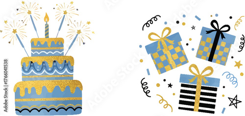 Vector art of set of birthday greeting cards with cake, balloons, and presents illustration