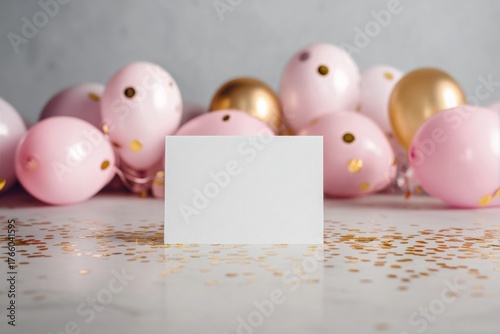 Celebration Setup Featuring Pink and Gold Balloons With Confetti on a Marble ...