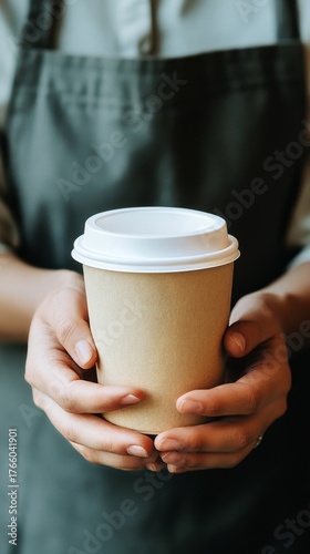 Warm Beverage in a Disposable Cup Held by a Person Wearing an Apron in a Cozy...