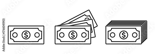 Line icons for currency notes, dollar and Stacked notes. Bank notes icon set for deposit, payment in outline style. Vector illustration for money bundle, Cash and account balance symbol [Isolated]