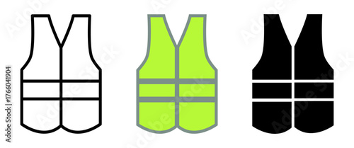 High Visibility safety vest icon set- outline, coloured and silhouette.  Reflective safety jacket icon. Protective suit vector illustration for construction, road work and workplace safety. (Isolated)