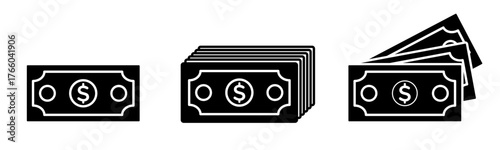 Silhouette of currency notes, dollar and Stacked notes. Bank notes icon set for deposit, payment and transaction. Vector illustration for money bundle. Cash and account balance symbol [Isolated]