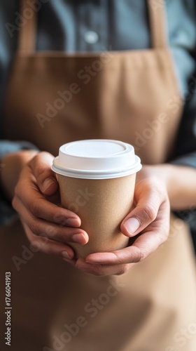Warm Beverage in a Disposable Cup Held by a Person Wearing an Apron in Cozy C...