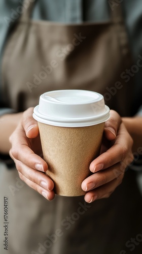 Warm Beverage in a Disposable Cup Held by a Person Wearing an Apron in a Cozy...