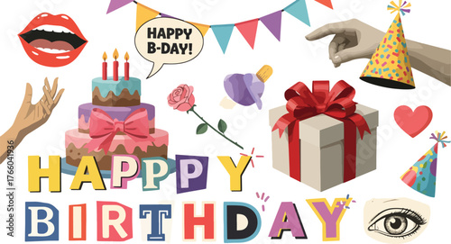 Vector art of festive birthday party elements, featuring cake, balloons, and gifts for celebration