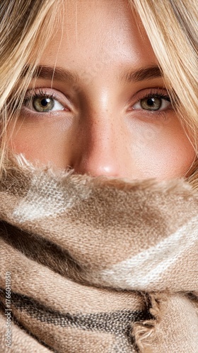 Close-up of a Woman With Beautiful Eyes Wrapped in a Warm Scarf During a Cold...