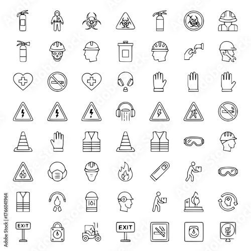 Vector line art set of industrial and workplace safety icons, featuring fire protection, hazard warning signs, personal protective equipment (PPE), and emergency symbols