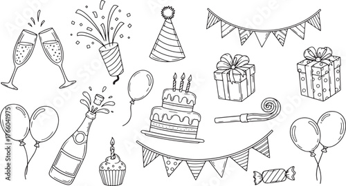 Vector art of hand drawn birthday party elements, featuring cake, balloons, and gifts for celebration