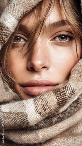 Close-up of a Woman With Soft Features Wrapped in a Cozy Scarf During a Chill...