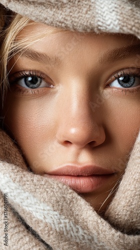 Close-up of a Woman With Soft Features Wrapped in a Cozy Scarf During a Chill...