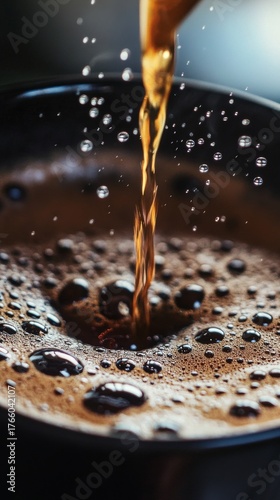 Rich Coffee Pouring Into a Dark Cup With Bubbles Forming in the Morning Light