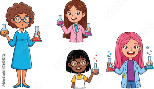 Cartoon female scientists and young girls holding laboratory flasks with colorful liquids, science education chemistry research experiment vector illustration design
