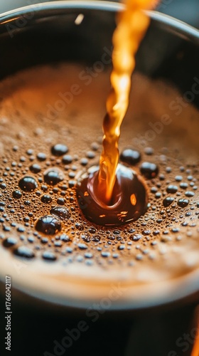 Coffee Pours Into a Black Cup Creating Bubbles and a Rich Texture in a Cozy S...