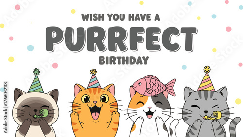 Vector art of wish you have a purrfect birthday greeting card with cats for celebration design