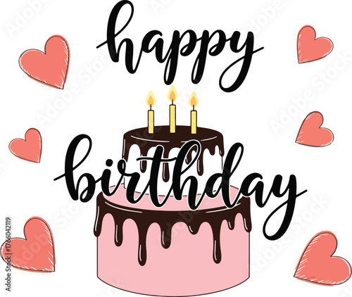 Vector art of happy birthday greeting card with cake and hearts for celebration design