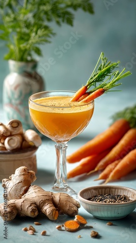 Enjoying a Fresh Carrot Ginger Drink With Vegetables on a Blue Table