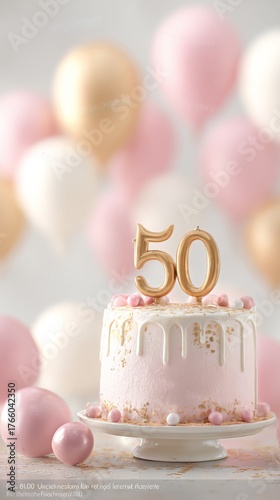 Elegant 50th Birthday Cake With Golden Candles and Pastel Decorations for a S...