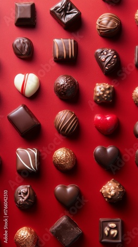Delicious Assortment of Chocolates Arranged on Red Background for a Festive O...