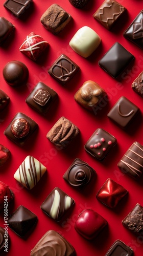 Assorted Gourmet Chocolates Displayed on a Rich Red Background