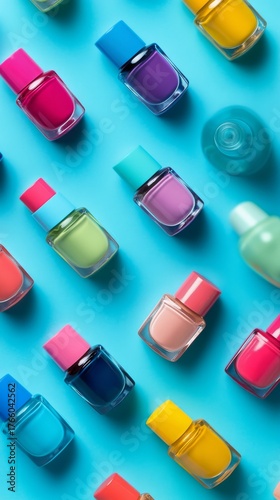 Colorful Nail Polish Bottles Arranged in a Creative Flat Lay on a Bright Blue...