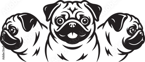 Three Pug Dog Faces Vector
