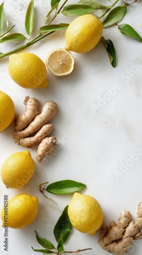 Fresh Lemons and Ginger Arranged With Green Leaves on a White Background for ...