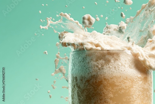 Freshly Poured Soda Splashes in a Glass Against a Mint Green Background