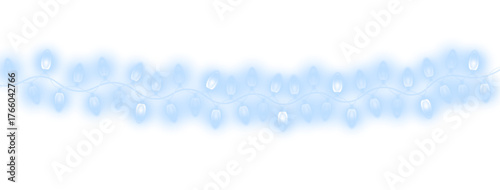 Glowing strings of Christmas decorations with blue ribbons and illuminated festive lamps.