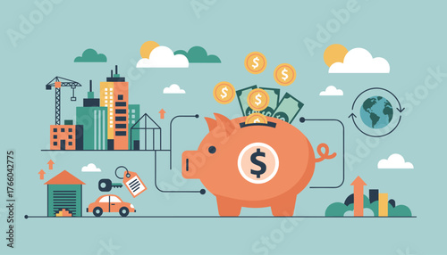 Vivid modern flat illustration concept of saving money for future investments, including a piggy bank, coins, banknotes, car, house, city skyline with crane, and global economy cycle, symbolizing
