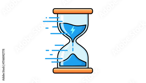 Vivid vector illustration of a stylized hourglass with blue sand and a lightning bolt symbol, symbolizing speed, energy, and time passing quickly, set against a clean white background for versatile