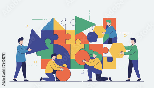 Vibrant flat illustration of a diverse team collaborating to assemble a large, colorful puzzle, symbolizing teamwork, problem-solving, and shared goals in a modern, abstract design.