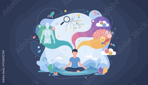 Vivid vector illustration depicting the concept of meditation and holistic health, showing a person in lotus pose with colorful streams of consciousness flowing upwards, connecting to symbols of the