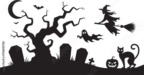 Halloween Graveyard Witch Scene Vector