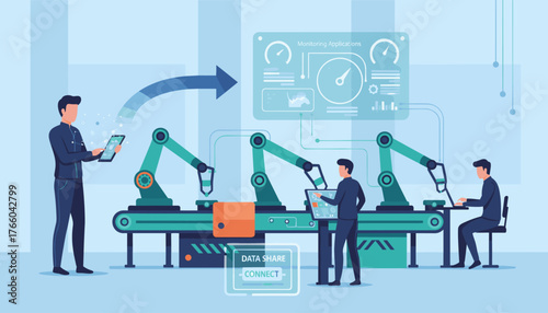 Vivid illustration of a modern automated production line with robotic arms, technicians monitoring operations on tablets and computers, and data sharing interfaces, symbolizing industry 4.0 and smart