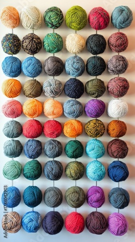 Colorful Yarn Collection Displayed on a Wall in a Creative and Organized Manner