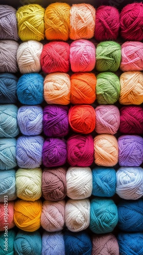 Colorful Yarn Collection Displayed in a Vibrant Array for Crafting and Creati...