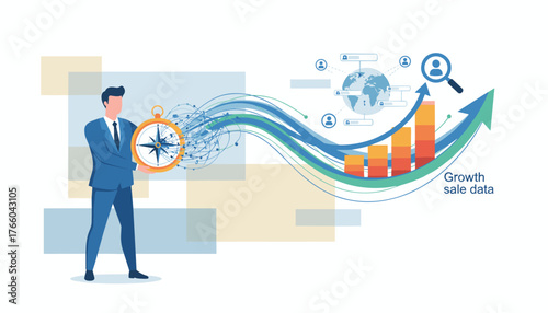 A businessman in a blue suit holds a golden compass, symbolizing direction and strategy, against a backdrop of abstract data streams, a growing bar chart, and a global network, representing business
