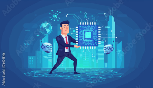 A smiling businessman in a suit holds a large, glowing blue electronic circuit board chip, symbolizing technology and innovation, with futuristic robots and a cityscape in the background
