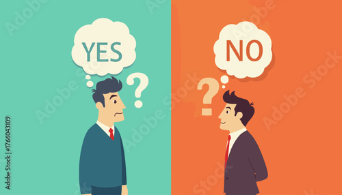 Two businessmen in profile, one on a teal background with a thought bubble saying YES and a question mark, the other on an orange background with a thought bubble saying NO and a question mark