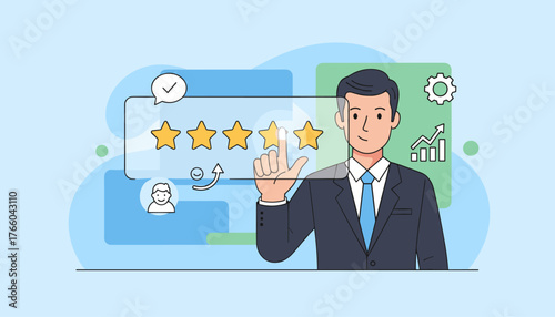 Businessman's hand reaching out to select five stars, representing excellent customer feedback and a high rating, with a graph indicating business growth and a gear icon symbolizing operational
