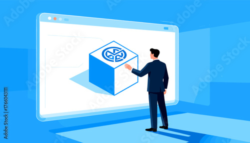 Businessman in a dark suit interacting with a 3D cube displaying a blue franchise icon on a large, glowing virtual screen, symbolizing business growth, investment, and digital transformation in a